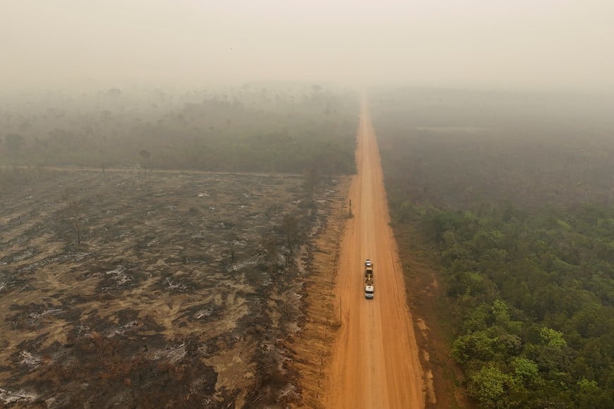 A drone view shows forest fire devastation amid smoke in the Amazon, in Labrea, Amazonas state, Brazil September 6, 2024. REUTERS/Bruno Kelly TPX IMAGES OF THE DAY