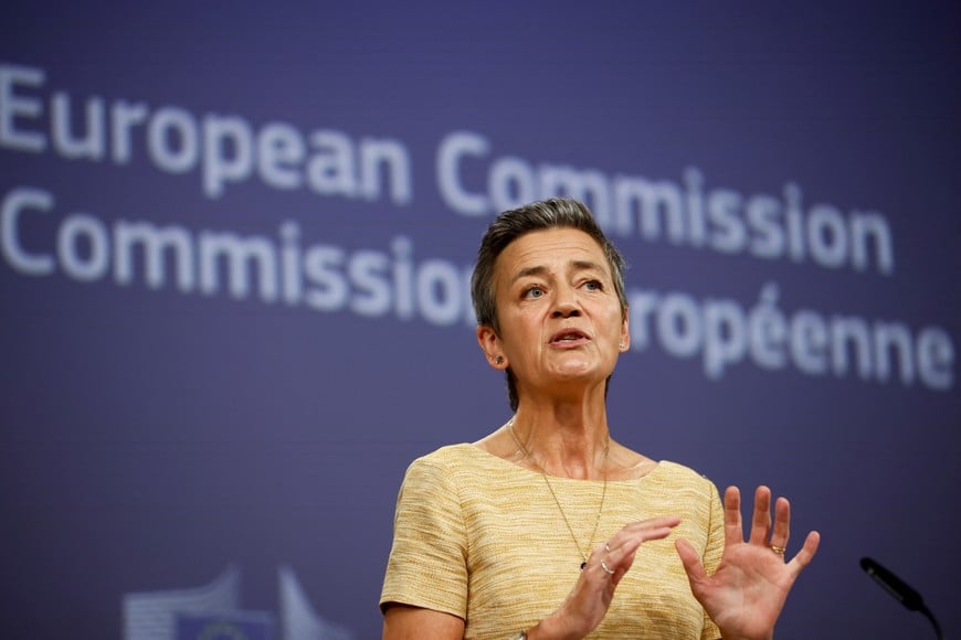 European Union antitrust chief Margrethe Vestager holds a press conference after Europe's top court ruling on Apple's fight against an order by EU competition regulators to pay a record 13 billion euros in back taxes to Ireland, in Brussels, Belgium September 10, 2024. REUTERS/Johanna Geron