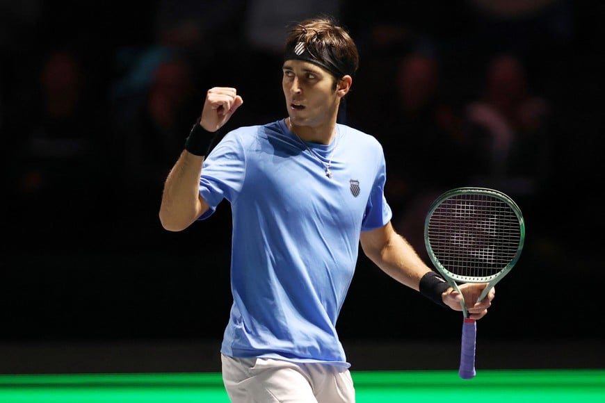 Tennis - Davis Cup - Group D - Britain v Argentina - AO Arena, Manchester, Britain - September 13, 2024  
Argentina's Tomas Martin Etcheverry reacts during his match against Britain's Daniel Evans Action Images via Reuters/Craig Brough