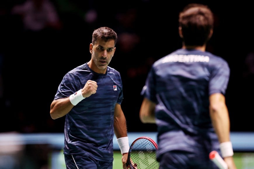 Tennis - Davis Cup - Group D - Argentina v Finland - AO Arena, Manchester, Britain - September 14, 2024
Argentina's Maximo Gonzalez reacts with Andres Molteni during their doubles match against Finland's Patrick Kaukovalta and Harri Heliovaara Action Images via Reuters/Ed Sykes