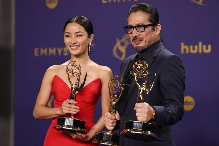 Anna Sawai, winner the Outstanding Lead Actress in a Drama Series award and Hiroyuki Sanada, Outstanding Lead Actor in a Drama Series for "Shogun"