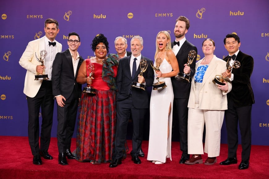 Jon Stewart, Desi Lydic, cast and crew pose with Outstanding Talk Series awards for "The Daily Show " at the 76th Primetime Emmy Awards in Los Angeles, California, U.S., September 15, 2024. REUTERS/Mike Blake