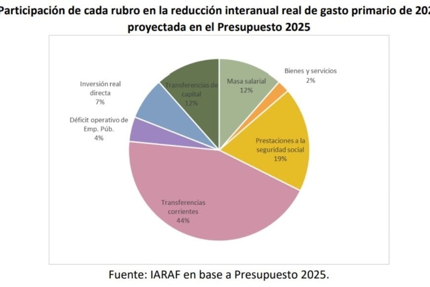 Participación de cada rubro en la reducción interanual real de gasto primario de 2024 proyectada en el Presupuesto 2025.