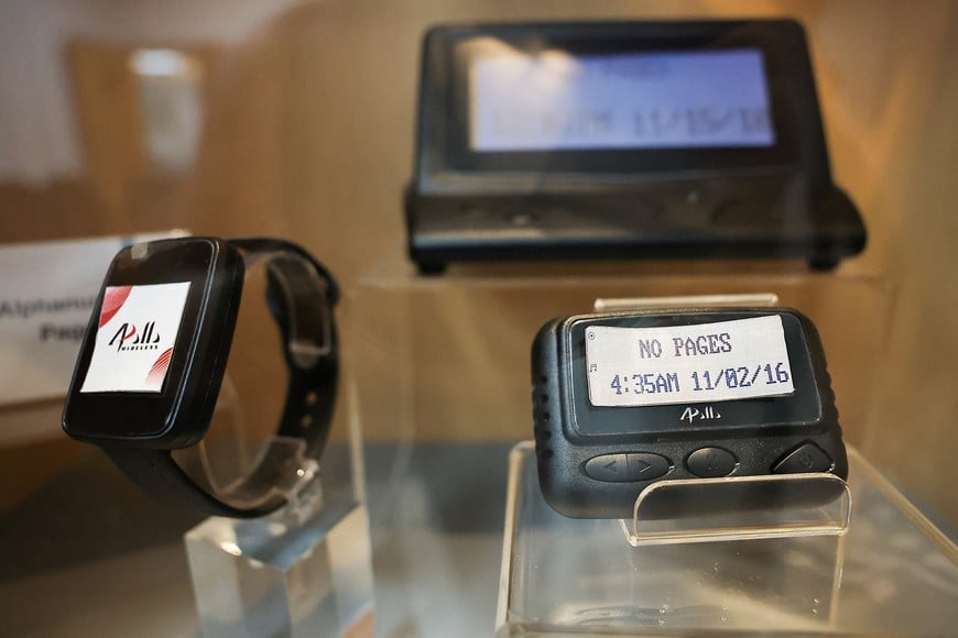 Pagers on display at a meeting room at the Gold Apollo company building in New Taipei City, Taiwan, September 18, 2024. REUTERS/Ann Wang