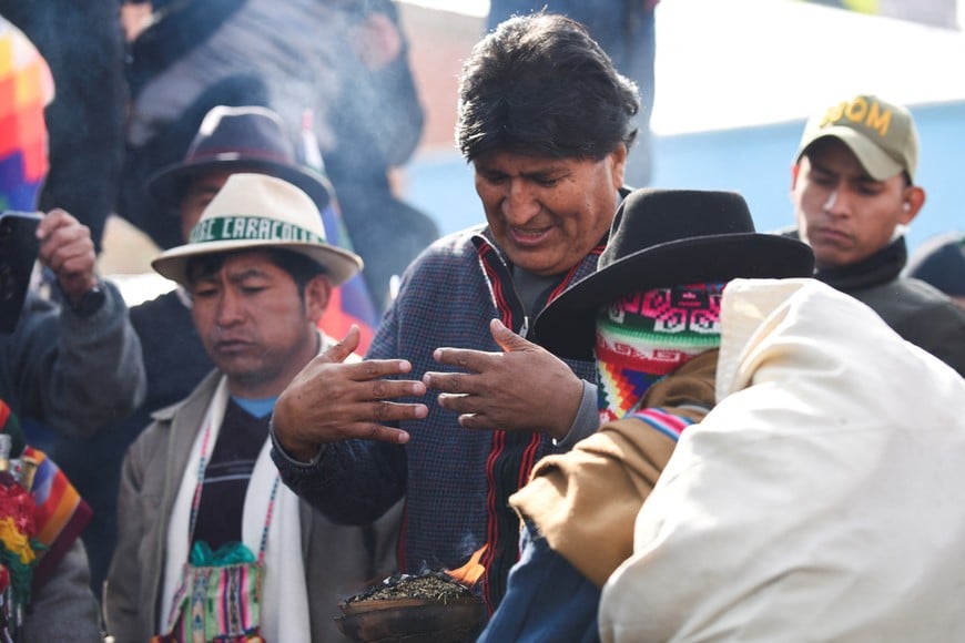 Bolivia's former President Evo Morales participates in an Aymara ritual before leading a march against Bolivia's President Luis Arce and his government, in Caracollo, Bolivia September 17, 2024. REUTERS/Claudia Morales