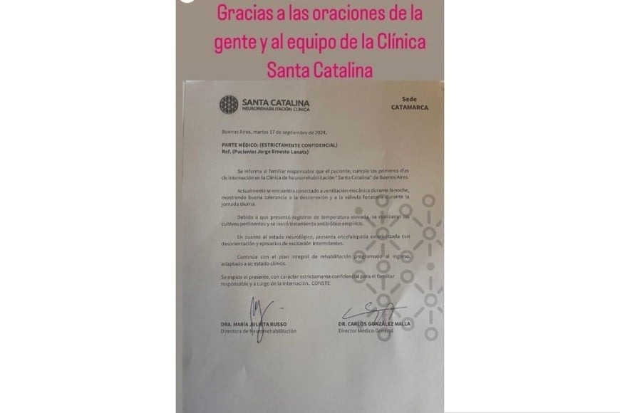 Parte medico compatido por Elba Marcovecchio en sus redes sociales