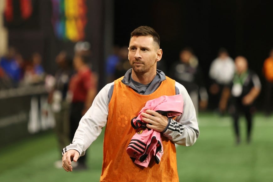 Sep 18, 2024; Atlanta, Georgia, USA; Inter Miami CF forward Lionel Messi (10) looks on before the match against Atlanta United at Mercedes-Benz Stadium. Mandatory Credit: Brett Davis-Imagn Images