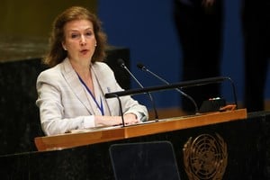 Argentina's Minister of Foreign Affairs Diana Elena Mondino addresses the "Summit of the Future" in the General Assembly Hall of the United Nations Headquarters in New York City, U.S., September 22, 2024. REUTERS/Caitlin Ochs