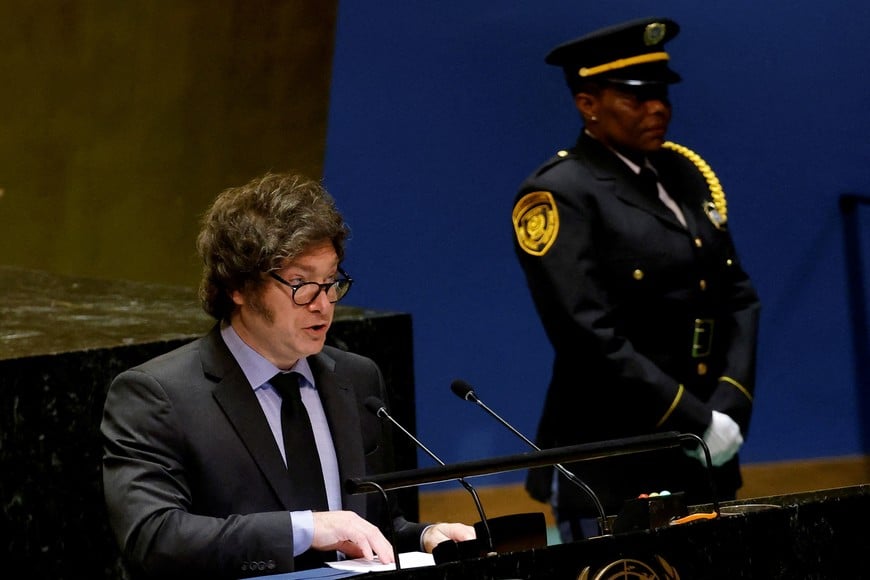 Argentina's President Javier Milei addresses the 79th United Nations General Assembly at U.N. headquarters in New York, U.S., September 24, 2024.  REUTERS/Eduardo Munoz