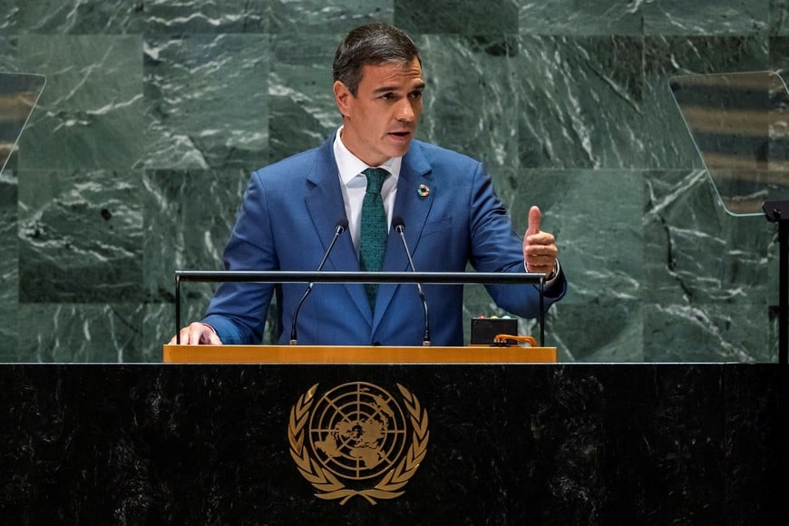 Pedro Sanchez Perez-Castejon, Prime Minister of Spain, addresses the 79th United Nations General Assembly at U.N. headquarters in New York, U.S., September 25, 2024.  REUTERS/Eduardo Munoz