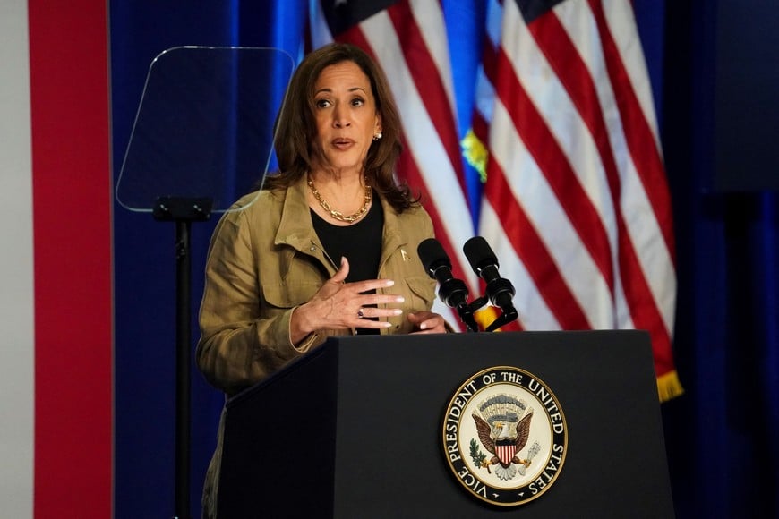 Democratic presidential nominee and U.S. Vice President Kamala Harris speaks during a visit to the University of Arizona Douglas, in Arizona, U.S., September 27, 2024. REUTERS/Go Nakamura