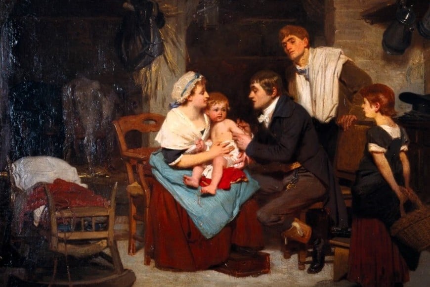 El médico y científico Edward Jenner vacunando a un niño, en óleo de  1884 perteneciente al pintor francés Eugène-Ernest Hillemacher.