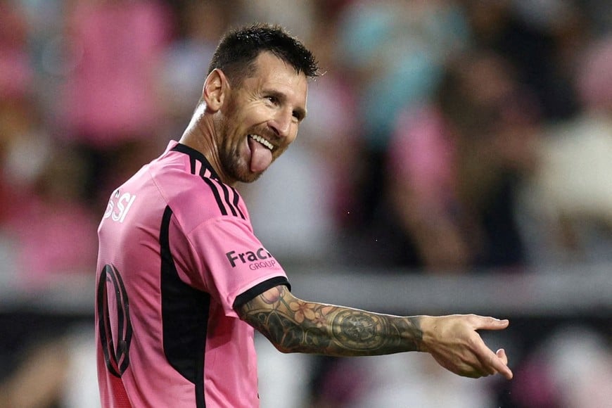 Sep 28, 2024; Fort Lauderdale, Florida, USA; Inter Miami CF forward Lionel Messi (10) celebrates a goal the second half against the Charlotte FC at Chase Stadium. Mandatory Credit: Nathan Ray Seebeck-Imagn Images     TPX IMAGES OF THE DAY