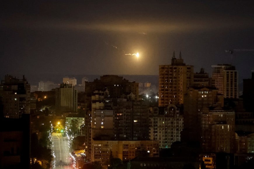 An explosion of a drone is seen in the sky over the city during a Russian drone strike, amid Russia's attack on Ukraine, in Kyiv, Ukraine September 30, 2024. REUTERS/Gleb Garanich