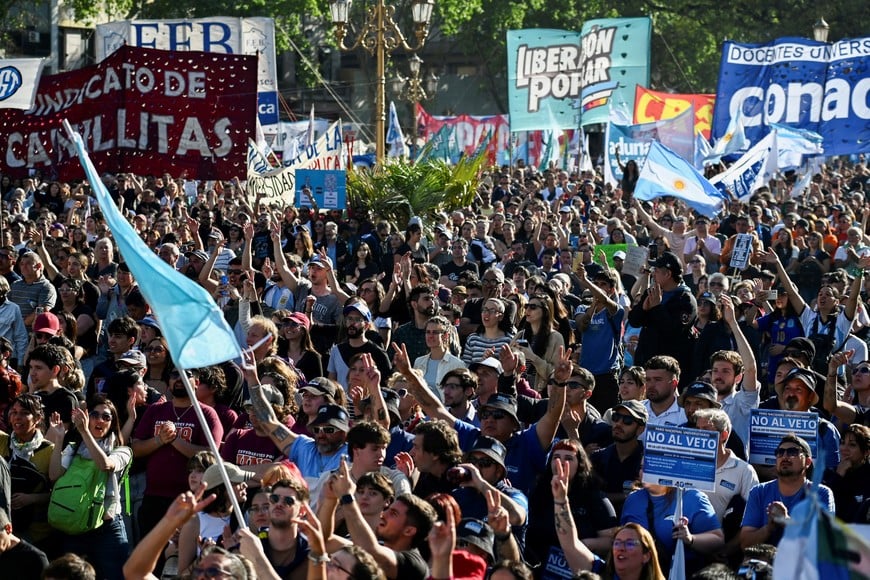 Argentine university students, unions, and social groups protest against Argentina's President Javier Milei's promise to veto a law to finance universities, in Buenos Aires, Argentina, October 2, 2024. REUTERS/Pedro Lazaro Fernandez