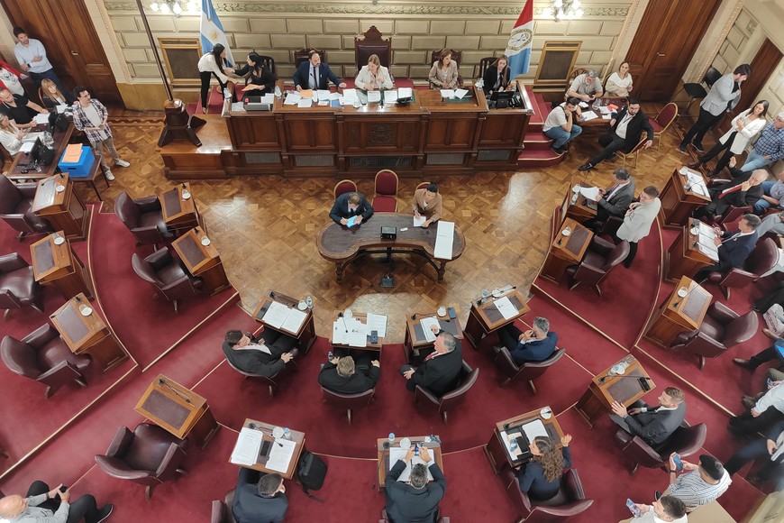 El recinto del Senado de la Provincia de Santa Fe con una imagen atípica. Hubo quórum justo de 11 de sus 19 miembros. No asistieron los 5 representantes del justicialismo y tampoco otros tres del radicalismo.  Gentileza Cámara de Senadores