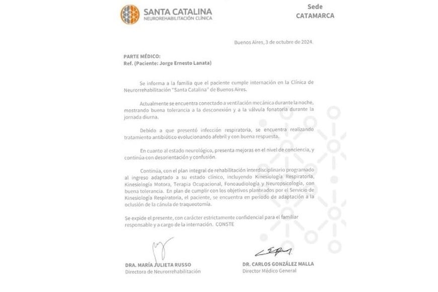 “Gracias a todo el equipo de Santa Catalina por su profesionalismo, y a toda la gente que ora por Jorge”, posteó Marcovecchio en su cuenta personal de Instagram.