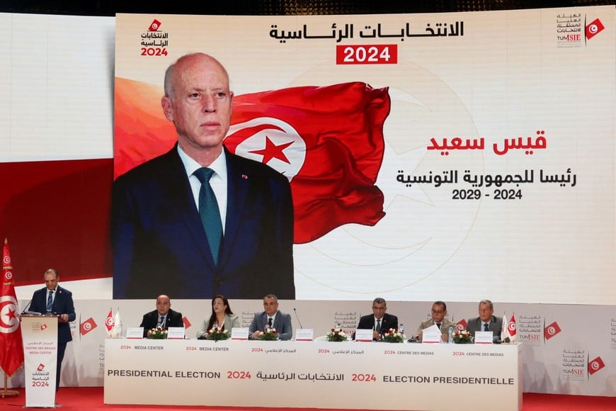 Farouk Bouasker, President of the Independent High Authority for Elections, announces the preliminary results of Tunisian presidential election in Tunis, Tunisia October 7, 2024. REUTERS/Jihed Abidellaoui