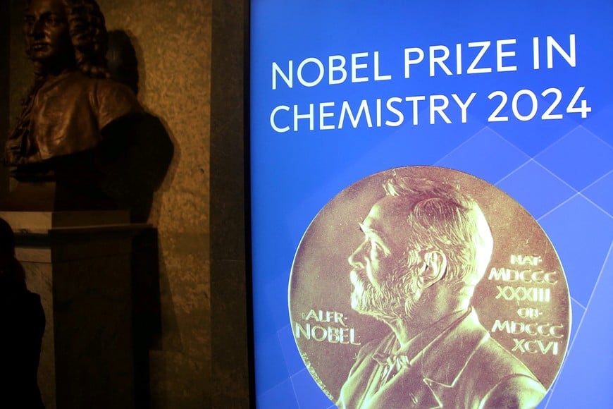 A view of the sign for the Nobel Prize in Chemistry in the Royal Swedish Academy of Sciences ahead of the announcement of the 2024 Nobel Prize in Chemistry in Stockholm, Sweden, October 9, 2024. REUTERS/ Tom Little