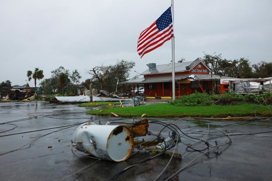 A view of a damaged building of Al's Family Farms, a business which Jeff Schorner lost following Hurricane Milton landfall, in Lakewood Park, near Fort Pierce, in St. Lucie County, Florida, U.S., October 11, 2024. REUTERS/Jose Luis Gonzalez