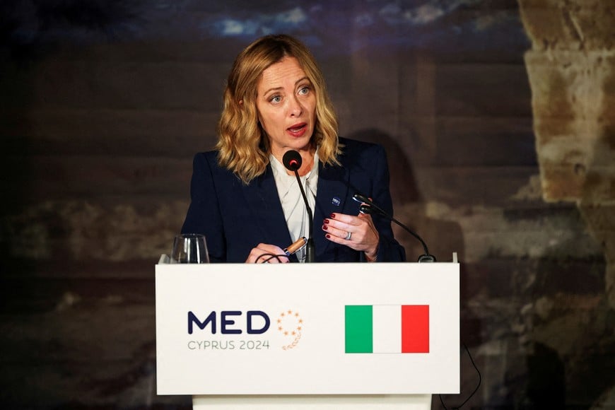 FILE PHOTO: Italy's Prime Minister Giorgia Meloni speaks during a press conference on the day of the Euro-Mediterranean Summit (EU-MED9) in a resort near Paphos, Cyprus, October 11, 2024. REUTERS/Yiannis Kourtoglou/File Photo