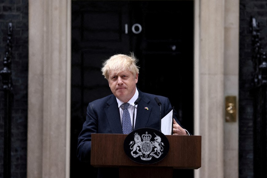 FILE PHOTO: British Prime Minister Boris Johnson makes a statement at Downing Street in London, Britain, July 7, 2022. REUTERS/Henry Nicholls/File Photo