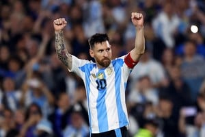 Soccer Football - World Cup - South American Qualifiers - Argentina v Bolivia - Estadio Mas Monumental, Buenos Aires, Argentina - October 15, 2024
Argentina's Lionel Messi celebrates scoring their sixth goal and completing his hat-trick REUTERS/Agustin Marcarian