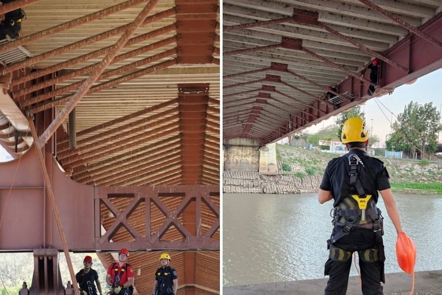 El momento de las tareas en la parte baja del Puente Colgante. Crédito: Vialidad Provincial