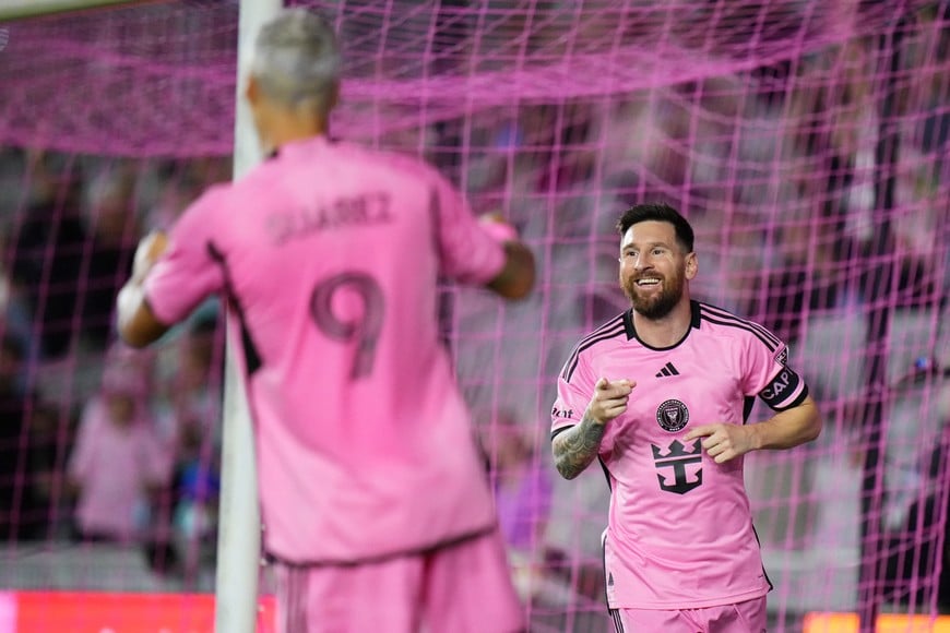 Oct 19, 2024; Fort Lauderdale, Florida, USA;  Inter Miami CF forward Lionel Messi (10) celebrates scoring during the second half against the New England Revolutionat Chase Stadium. Mandatory Credit: Rich Storry-Imagn Images