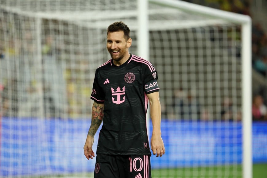 Oct 2, 2024; Columbus, Ohio, USA; Inter Miami CF forward Lionel Messi (10) reacts after a play against the Columbus Crew during the second half at Lower.com Field. Mandatory Credit: Trevor Ruszkowski-Imagn Images