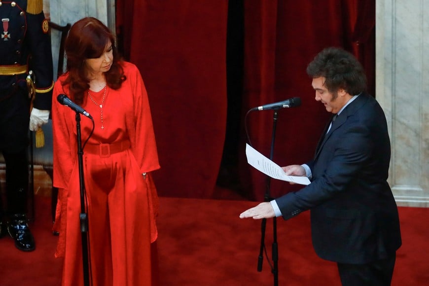 Argentina's President Javier Milei is sworn in as Argentina's president next to Cristina Fernandez de Kirchner at the National Congress, in Buenos Aires, Argentina December 10, 2023. REUTERS/Matias Baglietto