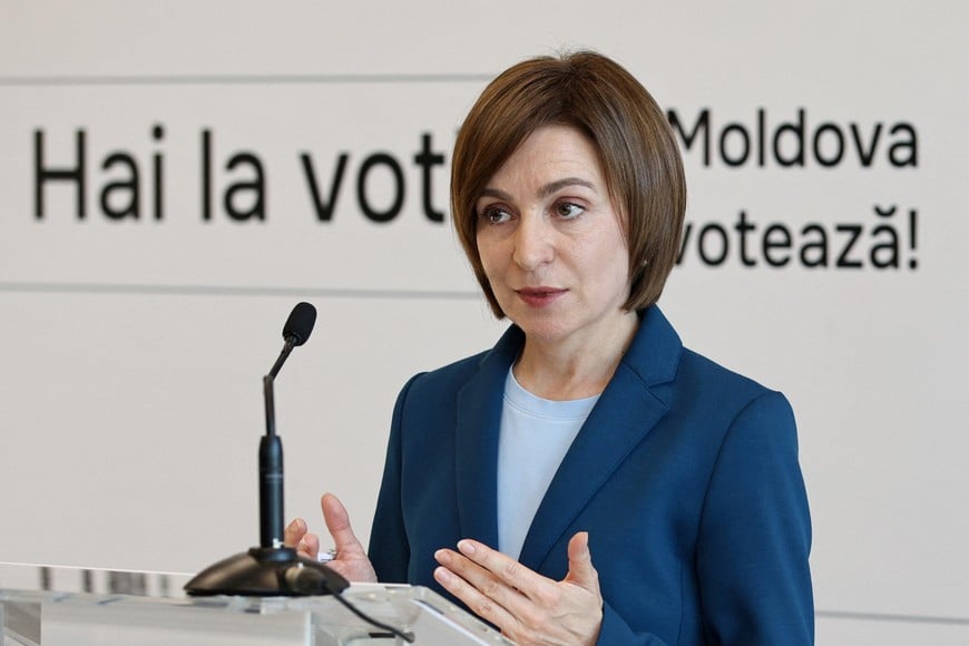 Moldova's incumbent President and presidential candidate Maia Sandu attends a press conference in Chisinau, Moldova October 21, 2024. REUTERS/Vladislav Culiomza