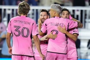 Oct 19, 2024; Fort Lauderdale, Florida, USA;  Inter Miami CF forward Lionel Messi (10) celebrates scoring during the second half against the New England Revolution at Chase Stadium. Mandatory Credit: Rich Storry-Imagn Images