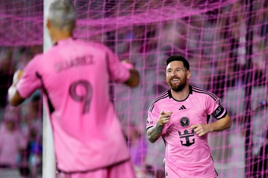 Oct 19, 2024; Fort Lauderdale, Florida, USA;  Inter Miami CF forward Lionel Messi (10) celebrates scoring during the second half against the New England Revolutionat Chase Stadium. Mandatory Credit: Rich Storry-Imagn Images     TPX IMAGES OF THE DAY