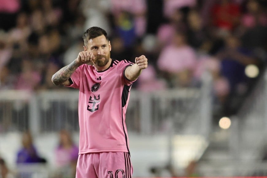 Oct 19, 2024; Fort Lauderdale, Florida, USA;  Inter Miami CF forward Lionel Messi (10) celebrates scoring during the second half against the New England Revolution at Chase Stadium. Mandatory Credit: Sam Navarro-Imagn Images