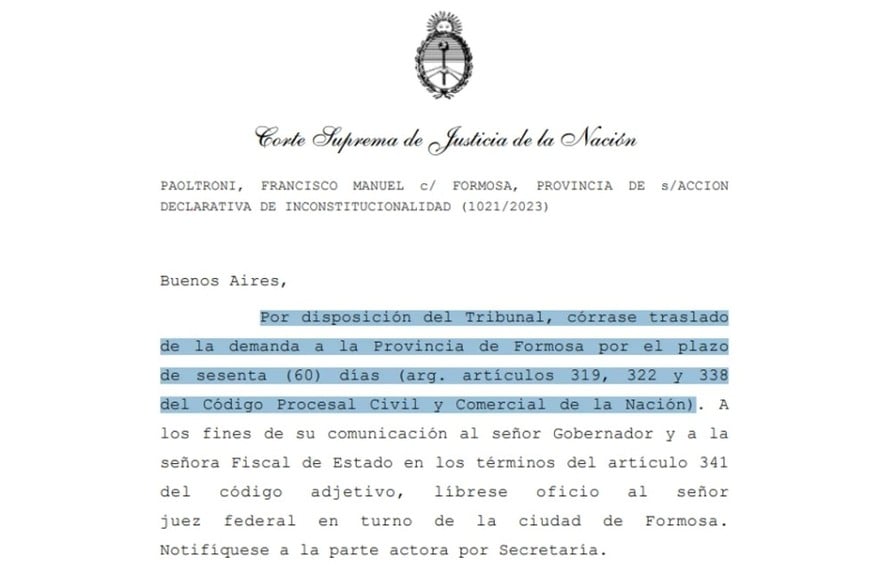 El documento de la Corte Suprema por la causa iniciada por Paoltroni.