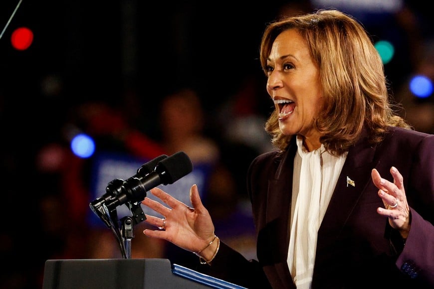 Democratic presidential nominee U.S. Vice President Kamala Harris speaks, during her campaign rally with singer Beyonce, in Houston, Texas, U.S., October 25, 2024. REUTERS/Marco Bello