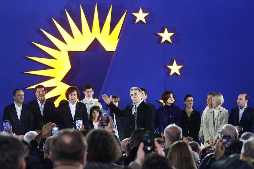 Founder of the Georgian Dream party Bidzina Ivanishvili speaks after the announcement of exit poll results in parliamentary elections, at the Georgian Dream party headquarters in Tbilisi, Georgia October 26, 2024. REUTERS/Irakli Gedenidze