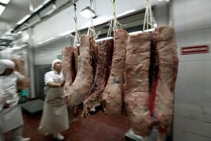 FILE PHOTO: A worker handles beef carcasses at the Ecocarne Meat Plant slaughterhouse in San Fernando, Argentina, June 26, 2017. REUTERS/Marcos Brindicci/File Photo