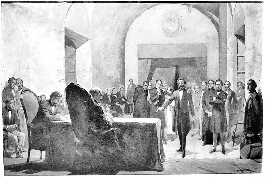 Fragmento del cuadro "Los constituyentes del 53", de Antonio Alice, que documenta el crucial momento de la noche del 20 de abril de 1853, en el que el diputado por Santa Fe, Juan Francisco Seguí, replica los argumentos de Facundo Zuviría, presidente del Congreso, y genera adhesiones que permiten continuar la tarea de los congresales hasta la aprobación del texto constitucional. Crédito: Archivo El Litoral.