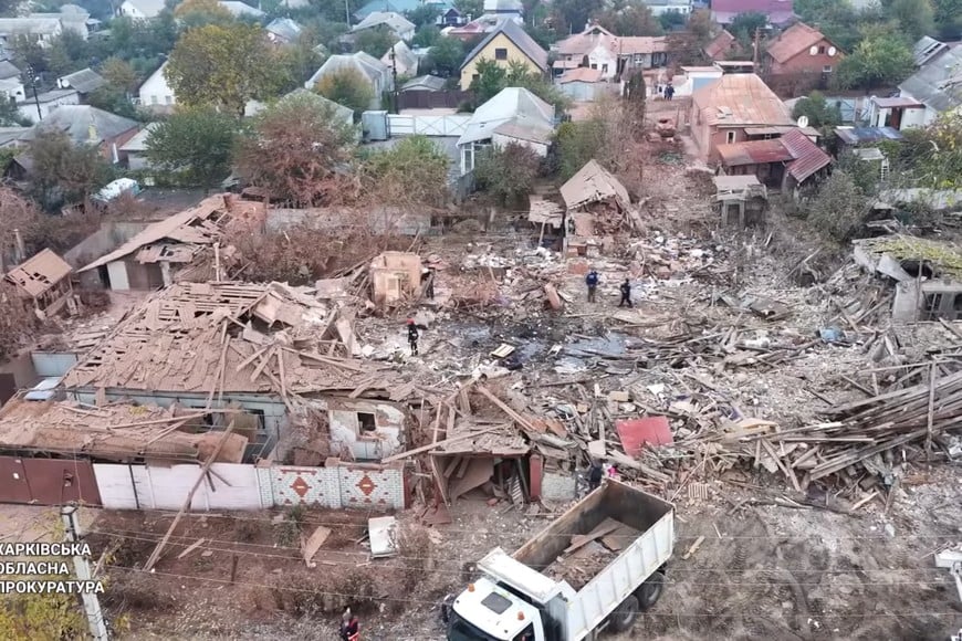 Drone footage from the Kharkiv regional prosecutor's office shows massive destruction in a residential neighbourhood after local officials reported a Russian bomb killed several in the area, in Kharkiv, Ukraine October 29, 2024 in this still image from social media video. Kharkiv Regional Prosecutor's Office via REUTERS  THIS IMAGE HAS BEEN SUPPLIED BY A THIRD PARTY. MANDATORY CREDIT. NO RESALES. NO ARCHIVES.