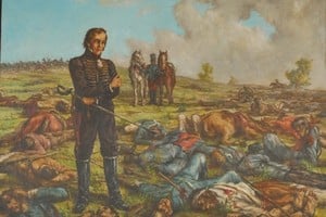 Estanislao López detiene su caballo impresionado por la mortandad producida durante la batalla del Gamonal, el 2 de septiembre de 1820. Óleo de José García Bañón. Museo Histórico Provincial Brigadier General Estanislao López. Gentileza 