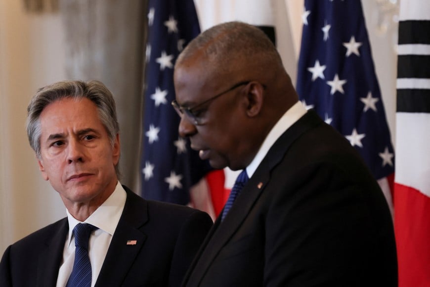 U.S. Secretary of State Antony Blinken and Defense Secretary Lloyd Austin hold a joint press conference with South Korean Foreign Minister Cho Tae-yul and Defense Minister Kim Yong-hyun during a 2+2 meeting, at the State Department in Washington, U.S., October 31, 2024. REUTERS/Leah Millis