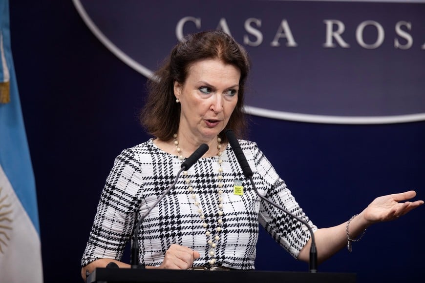 (241030) -- BUENOS AIRES, 30 octubre, 2024 (Xinhua) -- Imagen del 23 de febrero de 2024 de la ministra de Relaciones Exteriores argentina, Diana Mondino, hablando durante una conferencia en la Casa Rosada, en la ciudad de Buenos Aires, capital de Argentina. El presidente de Argentina, Javier Milei, desplazó el miércoles de su cargo a la ministra de Relaciones Exteriores, Diana Mondino, funcionaria que será sucedida por el hasta ahora embajador argentino ante Estados Unidos, Gerardo Werthein, informó el portavoz presidencial, Manuel Adorni. (Xinhua/Martín Zabala) (mz) (ah) (ra) (ce)