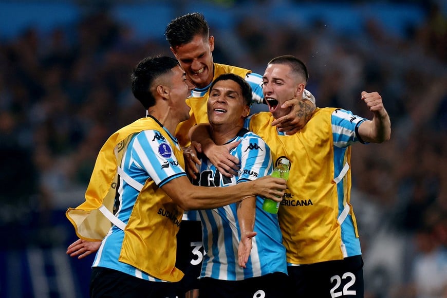 Soccer Football - Copa Sudamericana - Semi Final - Second Leg - Racing Club v Corinthians - Estadio Presidente Peron, Avellaneda, Argentina - October 31, 2024
Racing Club's Juan Fernando Quintero celebrates scoring their second goal with teammates REUTERS/Agustin Marcarian     TPX IMAGES OF THE DAY