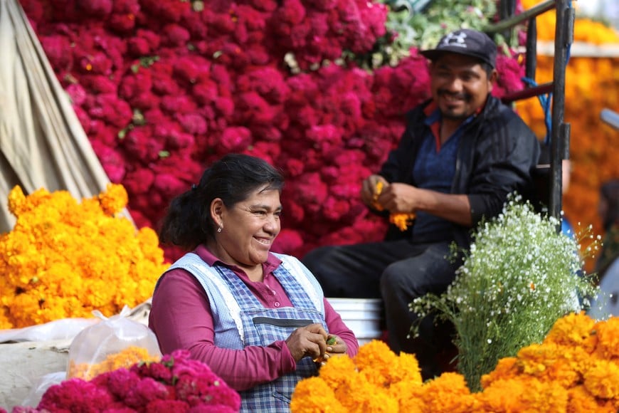 A vendor selling Cempasuchil and velvet flower, the traditional flowers of the season, is seen at the Jamaica market during the Day of the Dead festivities in Mexico City, Mexico November 1, 2024 REUTERS/Camille Ayral