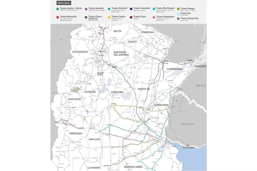 Mapa de las concesiones. Se trata de un nuevo sistema para la operación y mantenimiento de tramos de la Red Federal de Caminos mediante el cual el sector privado los gestionará, a fin de disminuir el déficit, transparentar el gasto y equilibrar las cuentas.