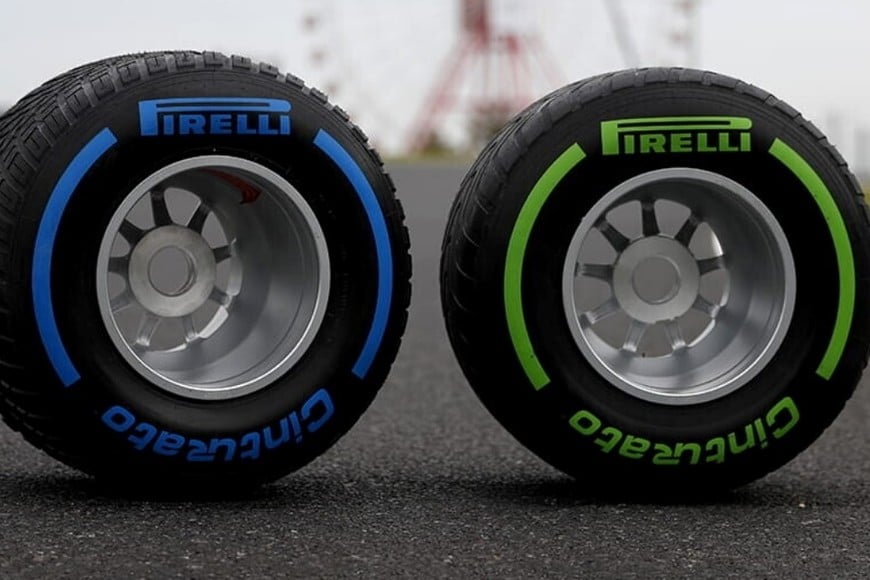 Las diferencias entre los neumáticos full wet (azul) y los intermedios (verdes). Créditos: Pirelli