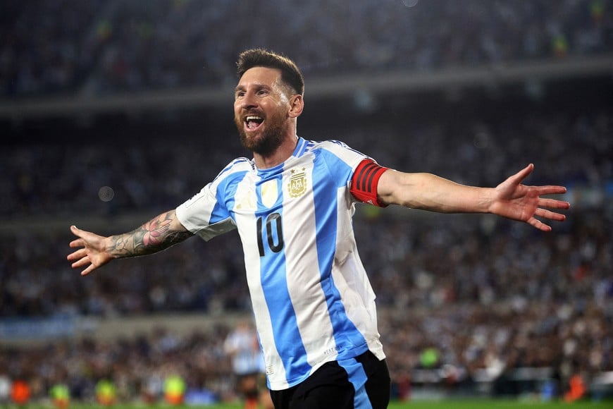 Soccer Football - World Cup - South American Qualifiers - Argentina v Bolivia - Estadio Mas Monumental, Buenos Aires, Argentina - October 15, 2024
Argentina's Lionel Messi celebrates scoring their first goal REUTERS/Matias Baglietto     TPX IMAGES OF THE DAY