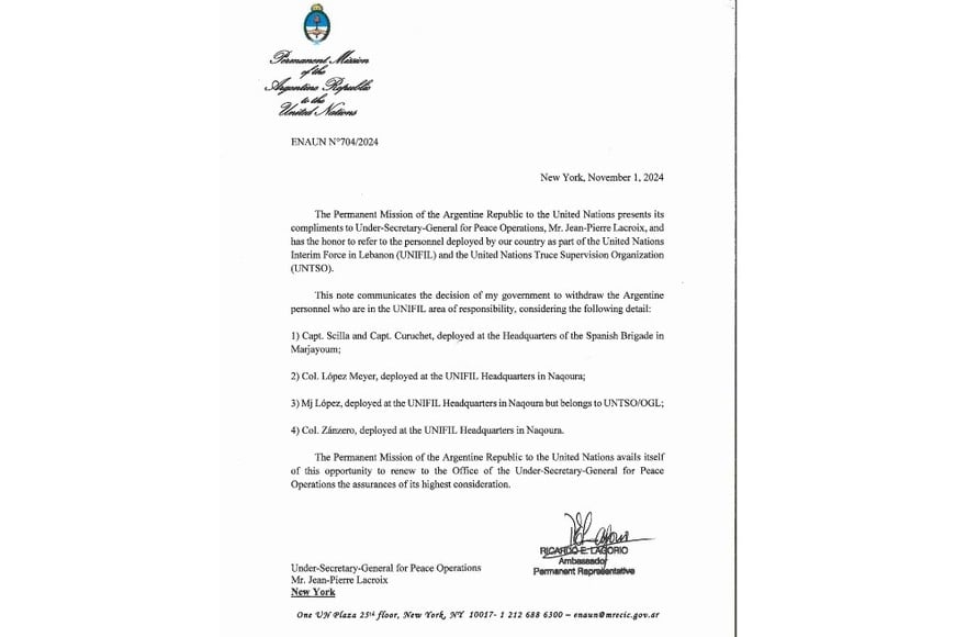 El documento de Argentina ante la ONU por la retirada de sus cascos azules.